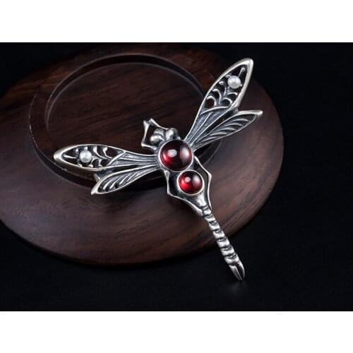 Animal Garnet Dragonfly Pearl Brooch Authentic 925 Sterling Silver Accessories For Women Handmade Vintage Jewelry