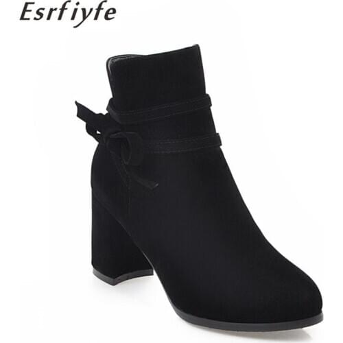 ESRFIYFE 2020 New Women Ankle Boots Flock Zipper Solid Short Boots Square Heel Single Shoes Keep Warm Winter Booties Botas Mujer