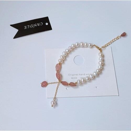 Hot Sell 14K Gold Filled Natural Freshwater Pearl Strawberry Quartz Lady Bracelet Original Jewelry For Women Birthday Gift