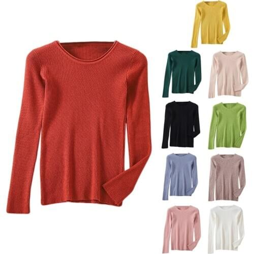 Women Long Sleeve Ribbed Knit Slim Sweater O-Neck Solid Color Basic Jumper Tops MXMA