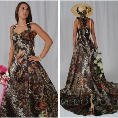 Halter A-Line Camo Bridal Dresses Chapel Train Camouflage Real Tree Natural Slim Bridal Gowns Custom 2019 Vestidos De Mariee