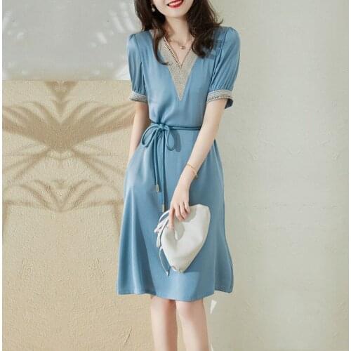 2021 Summer New Korean Elegant Temperament V-Neck Hollow Lace Dresses Sashes Thin Lace Patchwork Short Sleeve Women Dresses