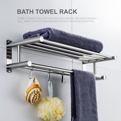 2 Layered Bathroom Shelves with 4 Removable Hooks Wall Mounted Bath Towel Rack 23 Inch Towel Bar Stainless Steel Bathroom Shelf