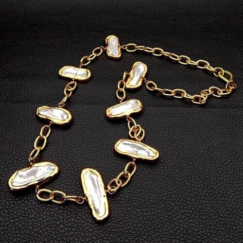 20" Freshwater White Biwa Pearl Bezel set Pearl Chain Necklace