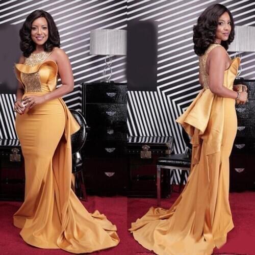 2020 African Gold Mermaid Evening Dresses With Over Skirt Jewel Sweep Train Sequins Beads Formal Prom Party Gowns Special Occasi