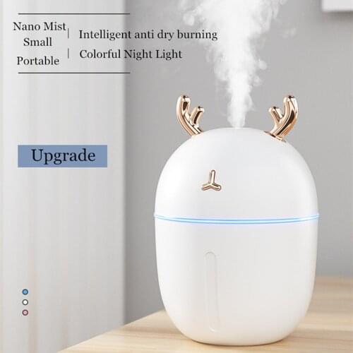 300ML Cute And Compact USB Antler Air Humidifier Night Light Aroma Diffuser Work For 4-8 Hours White/ Pink/ Blue