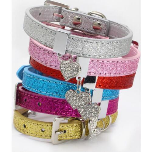 Glitter PU Leather Dog Collar Adjustable Pet Puppy Cat Collar with Bling Heart Shaped Rhinestone Pendant XS S