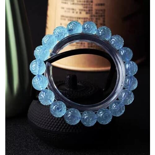 Natural Blue Ice Aquamarine Crystal Bracelet 10mm Women Men Gift Stretch Carved Blue Round Bead Bracelet Jewelry AAAAA