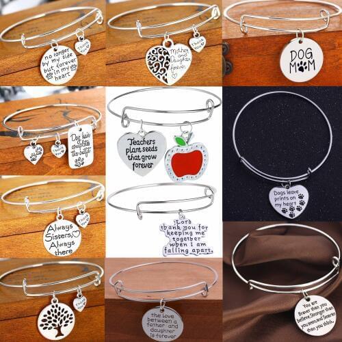 Bangle Heart Love Hollow Tree Apple Dog Paw Pendant Thank You Love Heart Bracelet For Teacher Family Friend Mother Daughter Gift