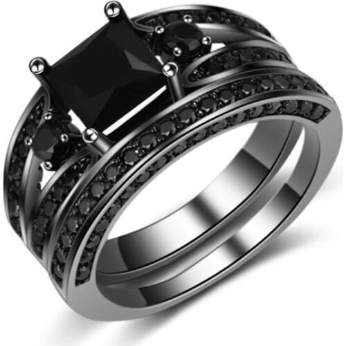 Black Silver Plated Rings Sets Black Zircon Paved Anel Joyeria Trendy Fashion Jewelry Gift Princess CZ Engagement Rings LSR248