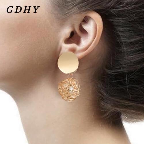 GDHY Women Earrings Round Ball Earrings Pearl Hollow Metal Woven Ball Pendant Earrings For Party Wedding Ear Jewelry Brincos