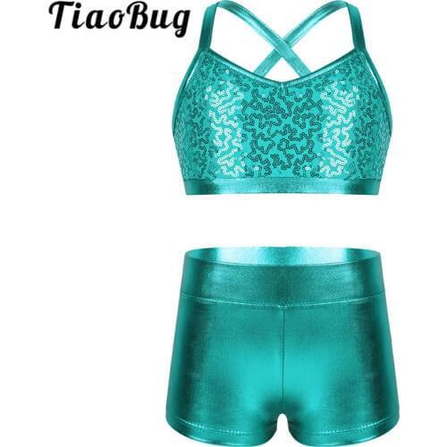 TiaoBug Kids Teens Shiny Sequin Gymnastics Shorts Crop Top Ballet Leotard Dance Set Girls Sports Tankini Stage Dance Costume Set