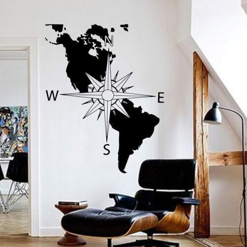America Continent Map Wall Decal Navigation Compass Decal America USA Map Compass Wall Decal Sticker Bedroom Vinyl Decor N204