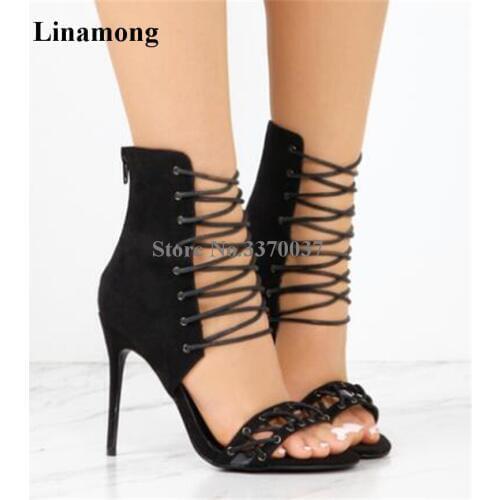 Women Hot Selling Open Toe Black Suede Leather Strap Cross Gladiator Sandals Cut-out High Heel Sandals Formal Dress Shoes