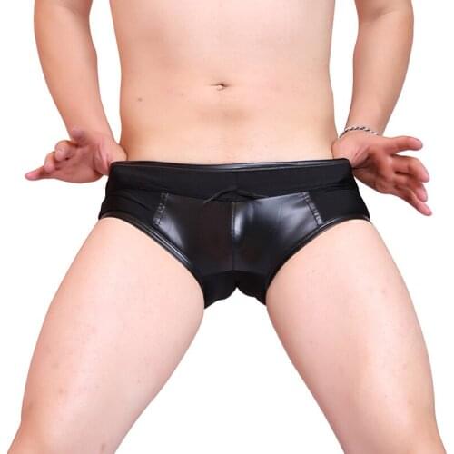 LinvMe Men Sexy Thicken Low Waist PU Swimwear Triangle Briefs Shiny Cool Bright Mirror Tight Fashion Stretch Tight Solid 2019