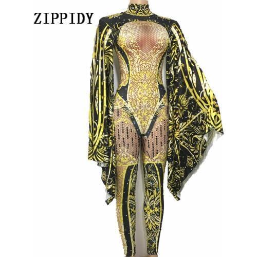Fashion Black Yellow Jumpsuit Outfit Women Celebrate Rhinestone Costume Female Singer Big Sleeves Bodysuit Performance Wear
