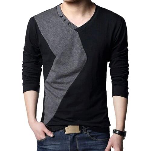 Brand Autumn Mens T Shirts Fashion 2021 Streetwear Long Sleeve V Neck Color Patchwork Cotton T Shirt Men M-5XL