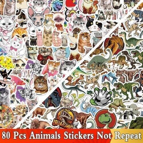 80 PCS Cute Cats Vsco Girl Stickers Dinosaur Animals Sticker Pack Decal on Laptop Bicycle Skateboard Book Car Computer Guitar