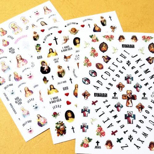 Newest CA-126 148 195 3d nail sticker vintage Jesus design nail decals template back glue DIY nail decoration wraps