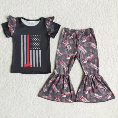 Wholesale Baby Girl Fashionable Clothing Kids Children Black Ruffle Short Sleeve usa Shirt Fire Truck Red Bells Pants Outfit Set