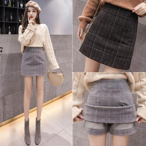 Autumn and Winter Skirt Womens High Waist Fashion Plaid Woolen Slim a Word Woman Skirts Mujer Faldas Saias Mulher