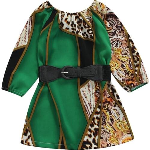 Infant Kids Baby Girls Casual Two-piece Clothes Set, Printed Pattern Round Collar Long Sleeve Dress and Waistband 2-7T