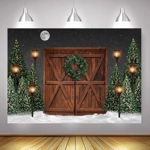 Christmas Photography Backdrop Photo Studio Winter Portrait Photo Background Wood Door Snow Christmas Trees Starry Sky Photocall
