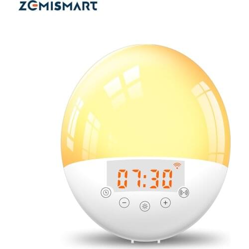 Zemismart Tuya WiFi Smart Wake-Up Light Clock Sunrise Alarm Clock with LED Digital Touch 6 Colors FM Radio Snooze Function