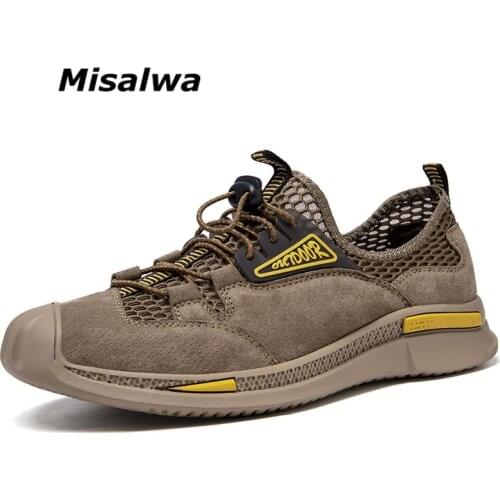 Misalwa Khaki Mens Mesh Pig Leather Shoes Hot Summer Breathable Light Sandals Sneakers Quality Adult Casual Flats Drop Shipping