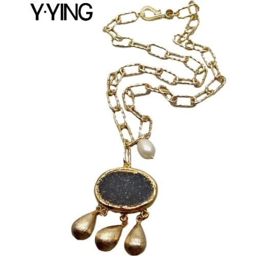 Y·YING 20" Grey Agates Druzy White Rice freshwater Pearl Gold Filled Chain Pendant Necklace