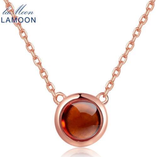 LAMOON- 6mm 1.2ct 100% Natural Round Orange Red Garnet 925 Sterling Silver Jewelry Chain Pendant Necklace S925 LMNI026