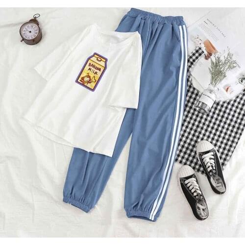 Striped Pants Women Straight Tracksuits Women Set 2021 Two Piece Set Matching Sets Streetwear Pants Plus Short Sleeve Shirt Suit