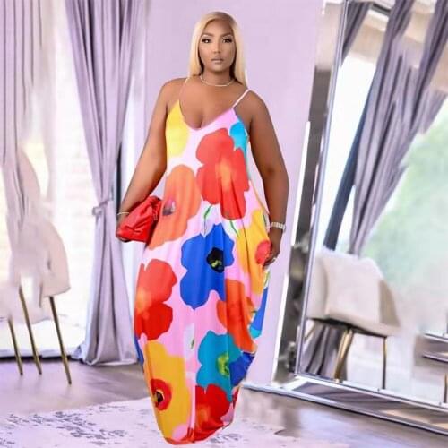 XL-5XL Large Size Floral Print Loose Beach Dress Women Deep V Neck Sleeveless Floor Length Dress Summer Bohemian Holiday Dress