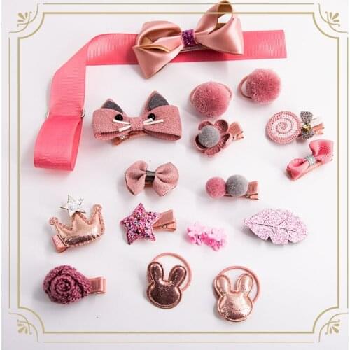 18pcs/set Cartoon Fashion Animal Rabbit Elephant Rubber Band Bow Barrettes Set Jewelry Light Pink Series Accessories Jewelry