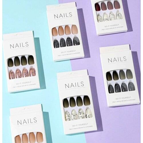 24pcs/Box Fake Nail with Design Drawing Matte Detachable Ballerina False Nails Dark Light Wearable Coffin French Fake Nails Tips