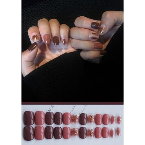 24pcs Full Cover Short Square Press on Nails Glitter Decoration Gold Nail Art Tips with Glue Sticker Shiny Red Fake Nails