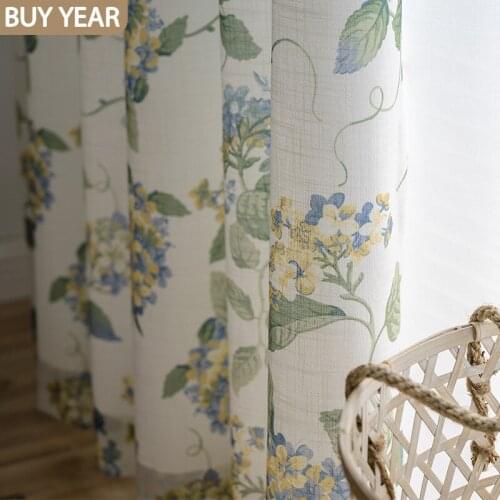 American Curtains for Living Dining Room Bedroom Garden Hydrangea Fresh Cotton and Linen Fabric Curtains Window Tulle Curtains