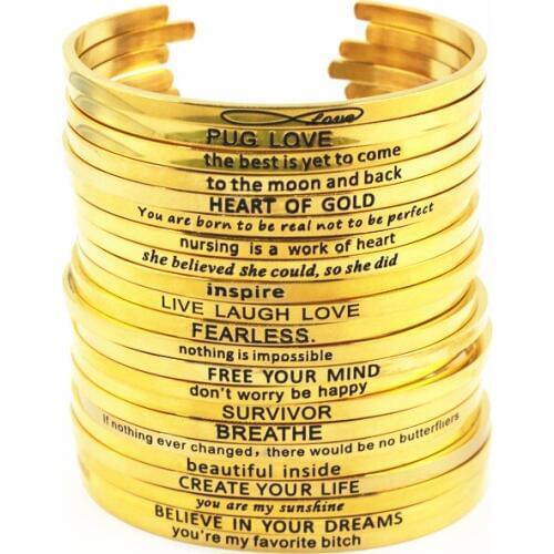 2017 Gold Stainless Steel Engraved Positive Inspirational Quote Hand BAR Cuff Bracelet Mantra Bangle for women Bracelet