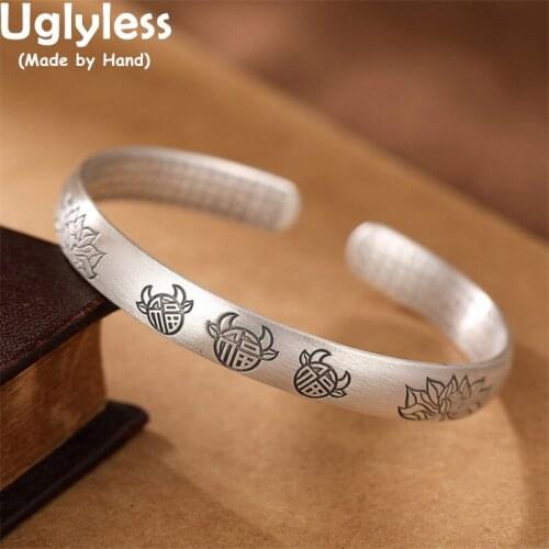 Uglyless Happy 2021 OX Year Thai Silver Lucky Bull Bangles for Women 999 Full Silver Heart Sutra Jewelry Buddhism Bangles Animal