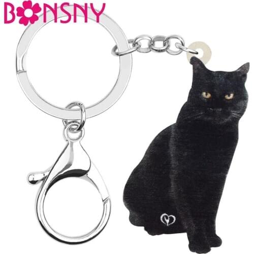 Bonsny Acrylic Black Bombay Cat Keychains Keyring Sweet Pet Animal Key Chain Jewelry For Women Kids Novelty Gift Bag Accessories