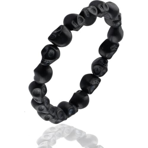 FYJS Unique Handmade Skeleton Head Black Turquoises Stone Stretchy Bracelet Punk Style Jewelry