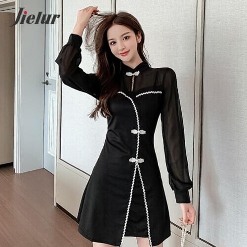 Jielur 2021 Korean Fashion Womens Dresses Mesh Patchwork Chinese Cheongsam Long-sleeved High Waist Autumn Black Dress Lady S-XL