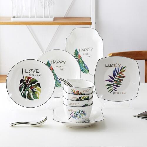 Nordic Green Plants Ceramic Dining Plate Dessert Cake Western Food Beef Steak Dish Kitchen Tableware Set