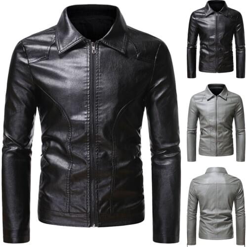 PU Leather Jacket Men Turn Down Neck Zipper Casual Winter Warm Top Blouse Thickening Coat Outwear Top Blouse Jacket