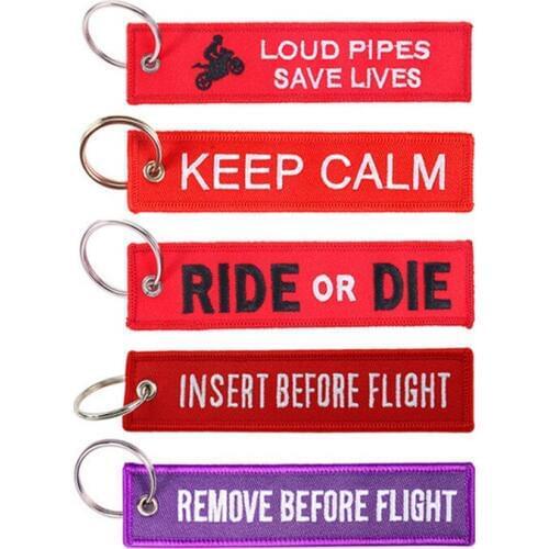 Fashion INSERT BEFORE FLIGHT Key Chain Tag Buckles for Motorcycles Cars OEM Key Chains Red Embroidery Key Fobs metal ring