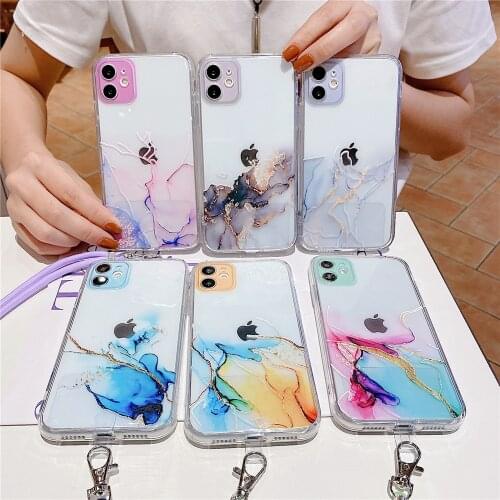 Marble Granite Crossbody Lanyard Phone Case For iPhone 12 Pro Max Mini 11 Pro Max X XR XS Max 6S 7 8 Plus Soft TPU Chain Cover