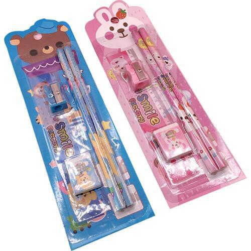 5pcs Stationery Set Lovely Cartoon Style Pencil Ruler Eraser Sharpener Kits for Children Kids Toddler Gift Prize School Supplies
