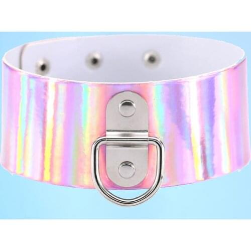 New Personality fashion reflects exaggerated retro necklace neck neck metal D - shaped laser light leather choker chain