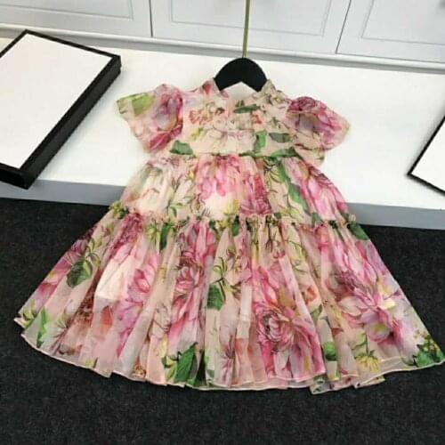 2021 New summer childrens girl dress elegant flowers pleated stitching half turtleneck dress for big girls Princess dresses