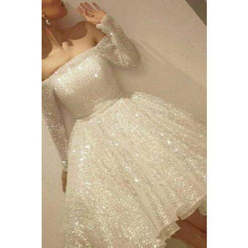 New Arrival Ivory Shine Short Homecoming Dresses Sequins Off The Shoulder Long Sleeve Party Dress Thin Ribbon A-Line Cocktail